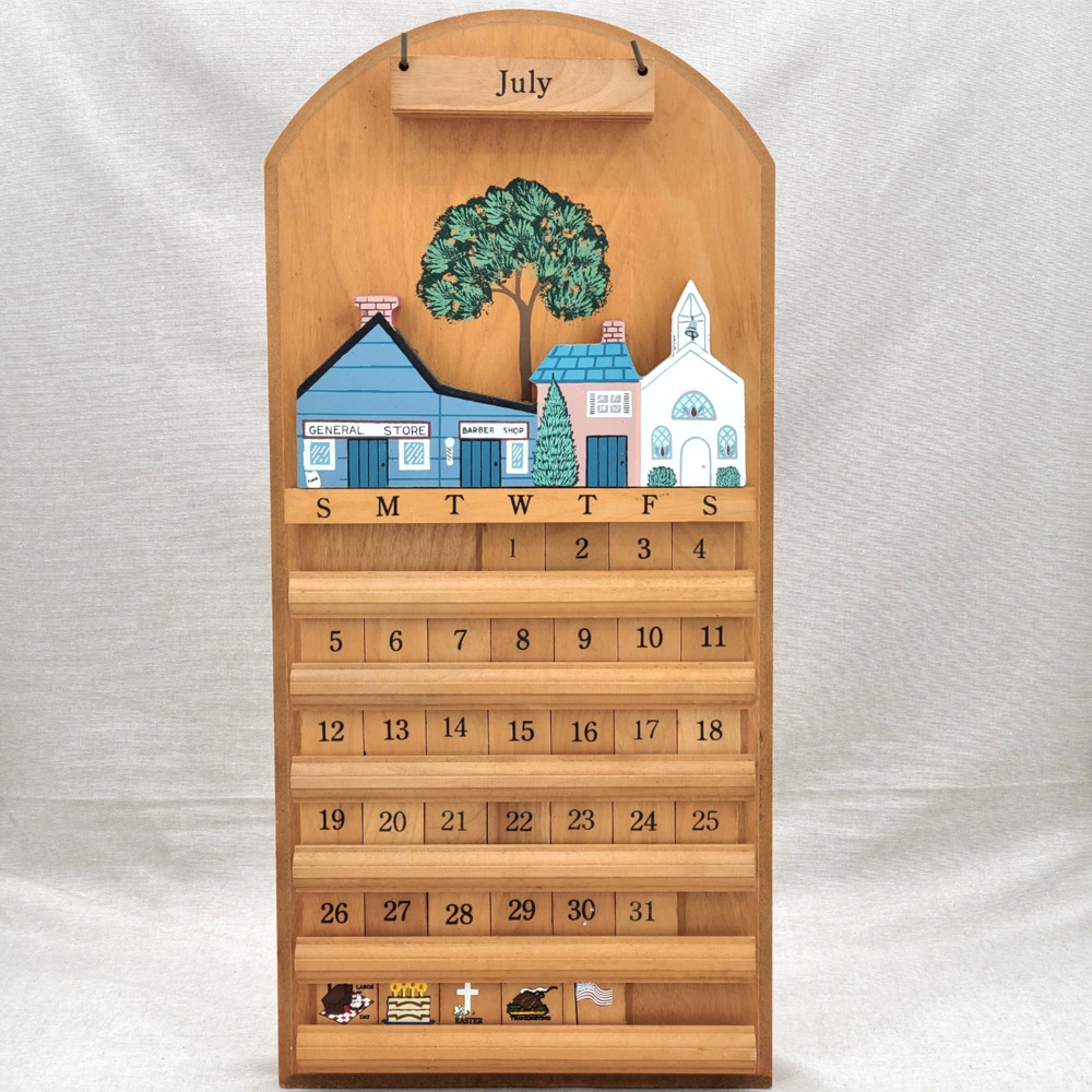 Vtg Wood Perpetual Calendar Complete Cottage Grannycore 80s 90s Farmhouse Tiles